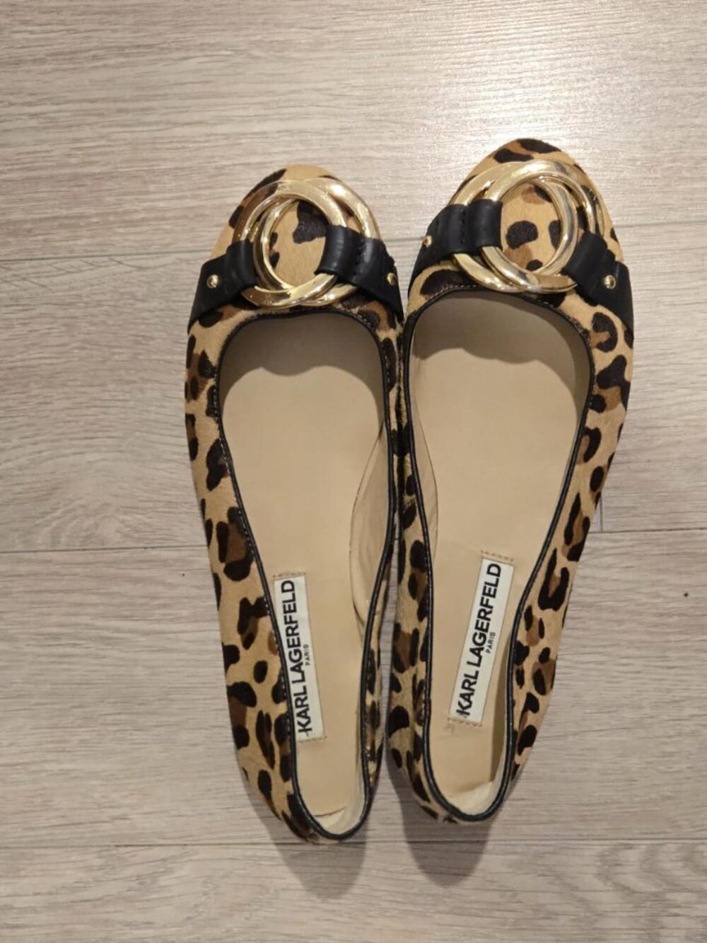 Karl Lagerfeld Paris Leopard Print Cow Hair Ballet Flats Gold Hardware, S8